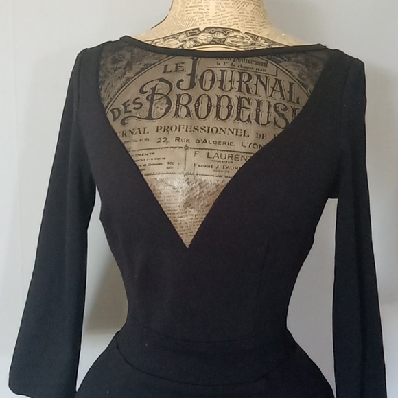 Pinup couture long sleeved black knee lengthwiggle dress V mesh front size S - Picture 2 of 7